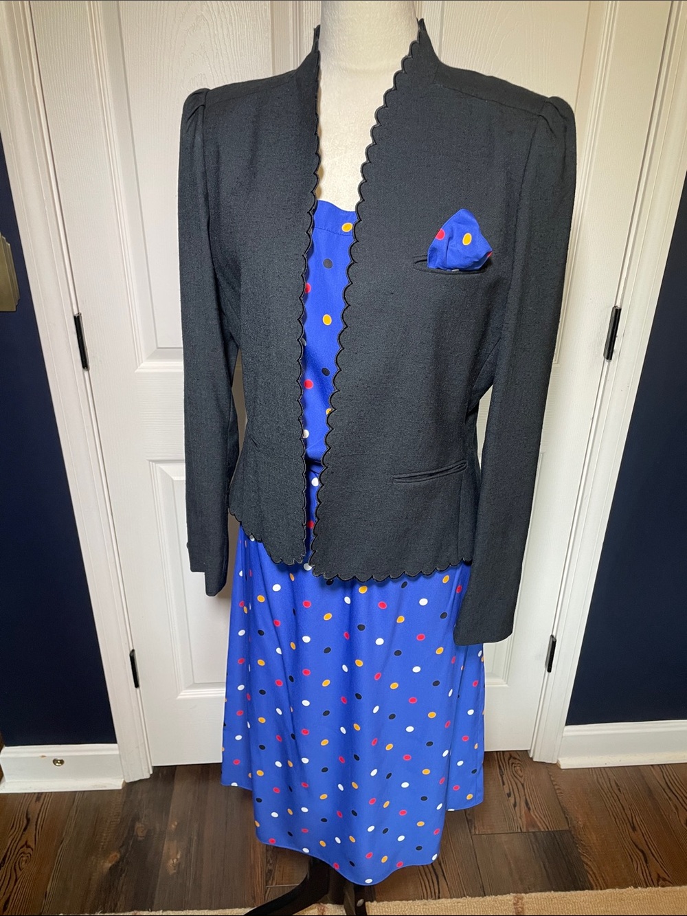 Vintage Sasson Blue Sleeveless Silky Polka Dot 2 Piece Dress & Black Blazer Sz M